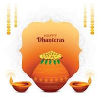 feliz dhanteras golden coin pot y diya celebración fondo vector