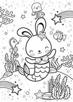 Bunny mermaid with friends coloring page vector