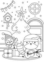 Christmas coloring page with racoon and penguin. Kids coloring page vector