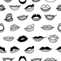 Vector Monochrome seamless pattern with contour sketch sexy lips on white background.