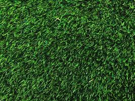 Closeup view of green grass soccer field background. Wallpaper for work and design. photo