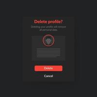 Delete profile, account form, dark ui design vector