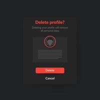 Delete profile, account form, dark ui design vector