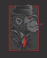 vector illustration image of a chimpanzee in a suit and wearing a red coat and hat, he smokes