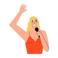 Mbti concept. Activist character. Blonde in a red dress with a microphone. Flat vector illustration