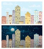 Set of day and night snowfall in town. Cityscape in winter season day and night set. vector