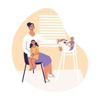 Woman feeding a baby. Mother's care. Toddler sit in special high chair. vector