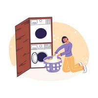 Young woman loading washing machine, basket with clothes. vector