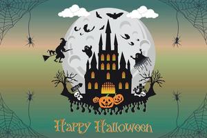 Halloween pumpkins head and haunted house castle bat spooky trees witch with full moonlight shadow vector