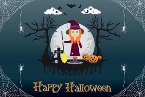 Halloween cute witch character pumpkin bat spooky trees with full moonlight shadow illustration vector
