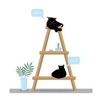 Two black cats sleep on a rack. vector illustration