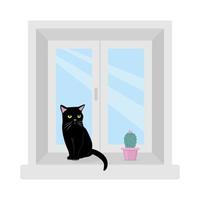 gato negro sentado en la ventana. ilustración vectorial vector
