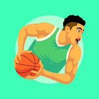 hombre que lleva una ilustración de vector de baloncesto. jugador de baloncesto de diseño plano