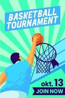 hombre lanzando una pelota de baloncesto en la ilustración de vector de aro. diseño de banner de torneo de baloncesto