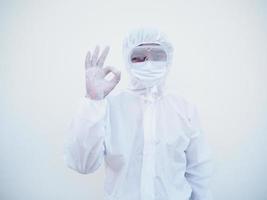 Doctor or scientist in PPE suite uniform  showing love hand sign. coronavirus or COVID-19 with looking forward isolated white background photo