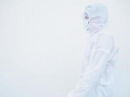 Side view doctor or scientist in PPE suite uniform standing with like walk forward. coronavirus or COVID-19  isolated white background photo