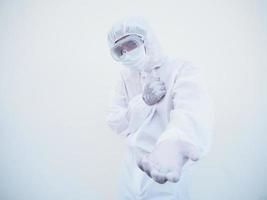 Asian doctor or scientist in PPE suite uniform offering handshake as greeting and welcoming. coronavirus or COVID-19 concept isolated white background photo