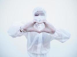 Doctor or scientist in PPE suite uniform  showing love hand sign. coronavirus or COVID-19 with looking forward isolated white background photo