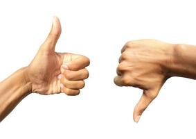 Positive hand thumb up and negative hand thumb down  isolated on white background. Design with clipping path, concept for like or dislike photo