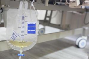 Saline iv bag intravenous medical drip hospital room patient. Medical Concept. photo