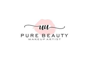 diseño de logotipo prefabricado inicial de labios de acuarela uu, logotipo para marca comercial de artista de maquillaje, diseño de logotipo de boutique de belleza rubor, logotipo de caligrafía con plantilla creativa. vector