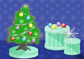 árbol de navidad en el podio decorado con bolas de navidad, copos de nieve, cuerdas de pino de navidad. sobre un fondo azul con un patrón de copos de nieve, ilustración vectorial. vector