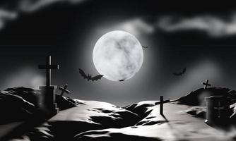 un cementerio fantasma lleno de miedo a cruces y tumbas en la noche oscura. la luna llena en la tumba era espeluznante y aterradoramente oscura. evento halloween en concepto de fondo monocromo. ilustración de renderizado 3d. foto