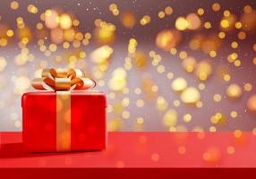 3D gift box with red light bokeh background with ribbon on a abstract background, Merry Christmas and happy new year concept with festive decoration for birthday. 3d rendering illustration. photo