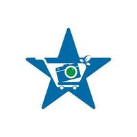 icono de vector de logotipo de concepto de forma de estrella de tienda de cámara. carrito de compras con plantilla de diseño de logotipo de lente de cámara.