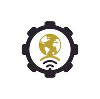 Globe wifi gear shape concept logo design icon. World signal vector logo template.