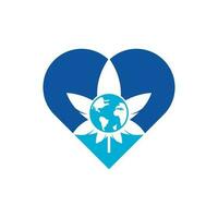 icono del logotipo del vector de forma de corazón de cannabis mundial. plantilla de diseño del logotipo del mundo del cannabis para la compañía de marihuana..