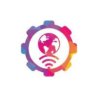 Globe wifi gear shape concept logo design icon. World signal vector logo template.