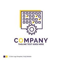 Company Name Logo Design For Event. management. processing. schedule. timing. Purple and yellow Brand Name Design with place for Tagline. Creative Logo template for Small and Large Business. vector