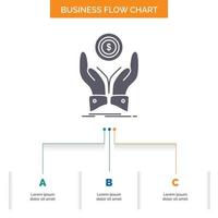 coin. hand. stack. dollar. income Business Flow Chart Design with 3 Steps. Glyph Icon For Presentation Background Template Place for text.