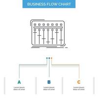 Console. dj. mixer. music. studio Business Flow Chart Design with 3 Steps. Line Icon For Presentation Background Template Place for text vector