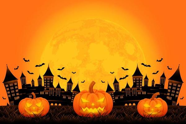Halloween background template with castle, pumpkin and moon vector, halloween backdrop for sale promotion, banner, poster, social media, feed, invitation, event, wallpaper in orange color