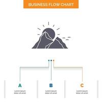 hill. landscape. nature. mountain. sun Business Flow Chart Design with 3 Steps. Glyph Icon For Presentation Background Template Place for text. vector