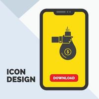 bolsa. Finanzas. dar. inversión. dinero. ofrecer icono de glifo en el móvil para la página de descarga. fondo amarillo vector