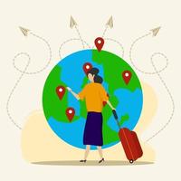 around the world concept. Woman with suitcase with earth and pins on flat vector illustration background. website design, Traveling landing page or tourism concept for banner,
