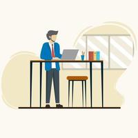 Office employee standing in front of laptop. daily office workers, financial analysts work. Vector illustration in flat style