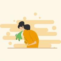 The woman had a stomach ache and was vomiting. Unhealthy female character due to food poisoning or indigestion. Health. Health concept vector illustration.