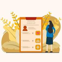 woman looking at check results on clipboard, health check concept metaphor illustration report. health check form, simple and modern style vector