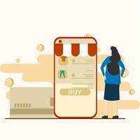 Payment concept in mobile e-commerce. woman buying goods on mobile app in online store and paying for purchases by credit card. Online shopping and e-business, finance and payments. vector