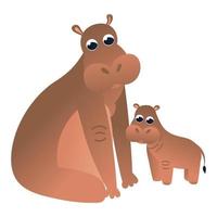 Cartoon hippo character sitting with baby in childish style, zoo animal isolated on white background, design element for poster or pattern, african fauna vector