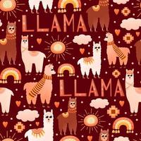 Colourful llama seamless pattern with tribal peru elements and ornate, cute alpacas characters in different colors and poses on dark brown background for children textile with hand drawn lettering vector