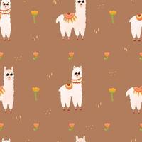 Alpaca seamless pattern on dark background in cartoon style, floral elements with llamas characters, ornate vector