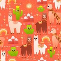 patrón transparente de Perú colorido con alpaca y cactus, llama infantil linda con sol y arco iris, adornado para textiles o telas