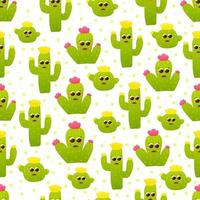 Cute cactus character seamlesss pattern with faces, childish textile ornate for beddding or wallpaper, peru elements in childish style, polka dot ornate vector