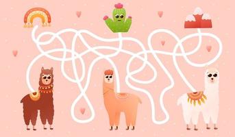 Labyritn game for kids with cute alpaca characters, help them find right way to cactus, peru elements, kids maze or puzzle for books or printable worksheets on pink background vector