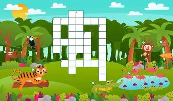 Printable tropical summer crossword worksheet for kids with jungle animals and landscape, wildlife and nature